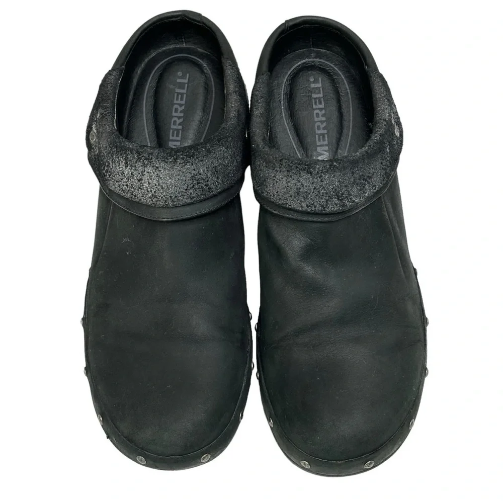 Merrell Black Luxe Leather Wrap 2.5” Slip On Clog w Nickel Stud Accents Size 11 - Picture 9 of 14